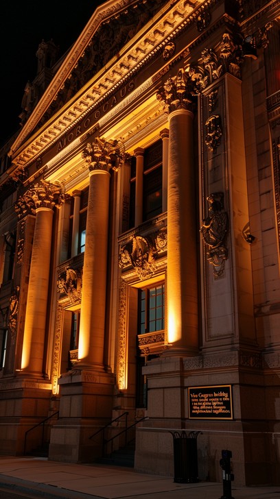 Illuminated historic building facade at night