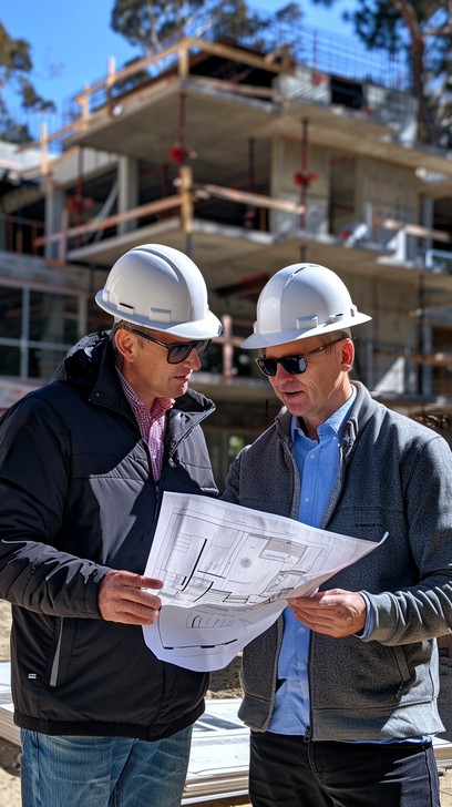 Team discussing construction plans at a jobsite