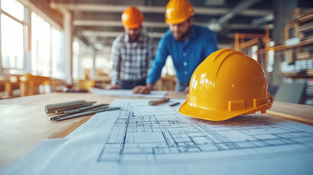 Construction planning meeting with blueprints