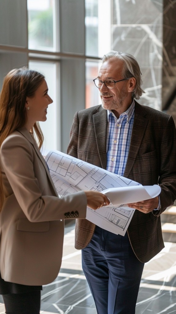 Construction consultants reviewing architectural blueprints with a client